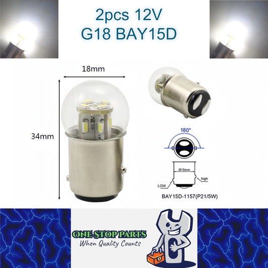 2 x Cool White G18 BAY15D 1157 12V 12SMD 100LM LED Globes (2pcs)