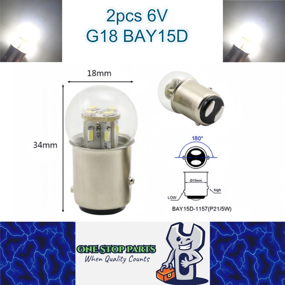 2 x Cool White G18 BAY15D 1157 6V 12SMD 100LM LED Globes (2pcs)