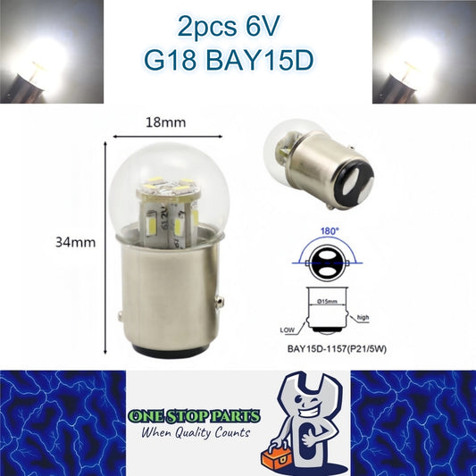 2 x Cool White G18 BAY15D 1157 6V 12SMD 100LM LED Globes (2pcs)