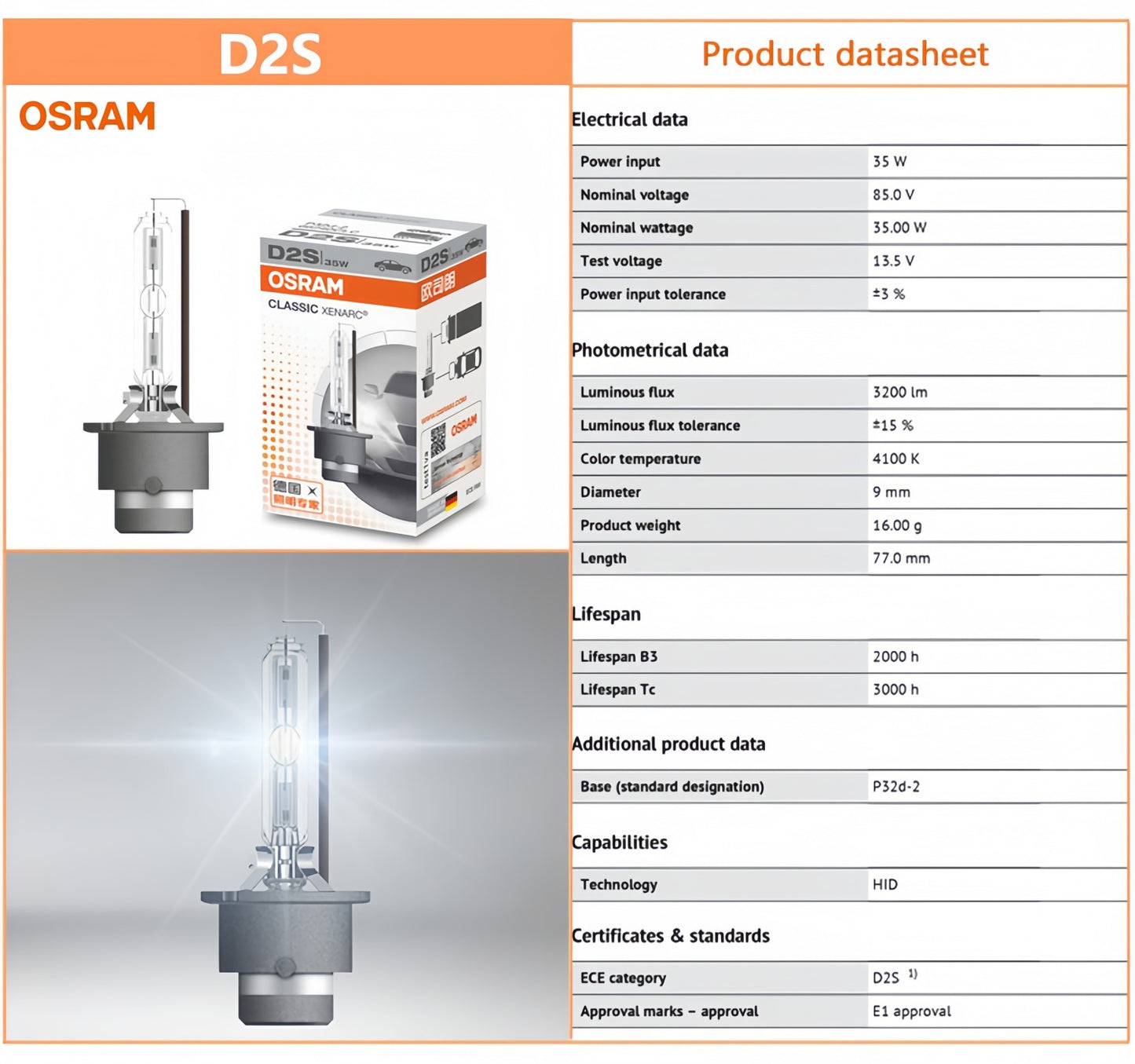 2 x OSRAM D2S HID Xenon Globes 4200K Headlight Original Osram D2S HID Bulbs