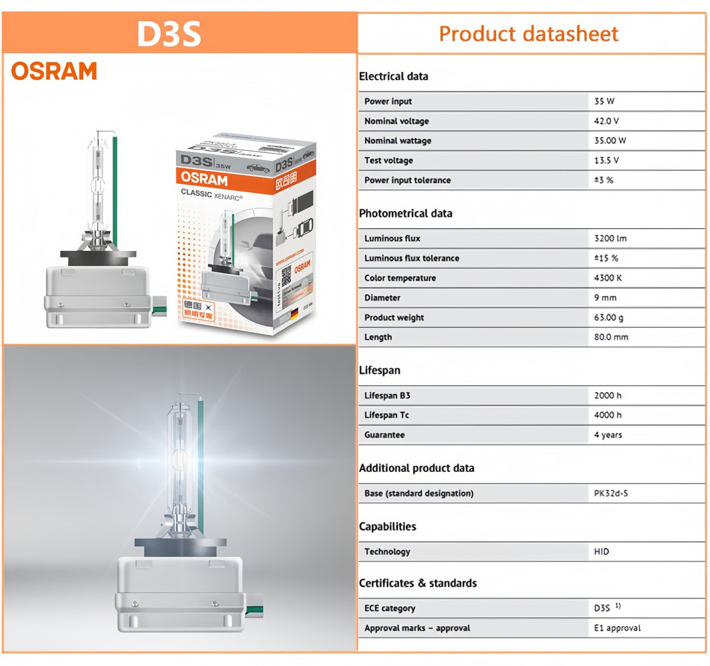1 x OSRAM D3S HID Xenon Globe 4200K Headlight Original Osram D3S HID Bulb