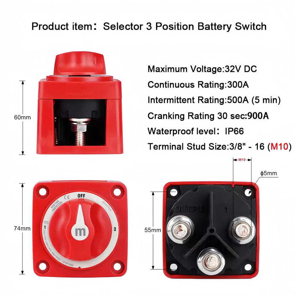 300A Battery Disconnect Switch 3 Position 1/2/Off 12-32V Car Boat Marine Switch