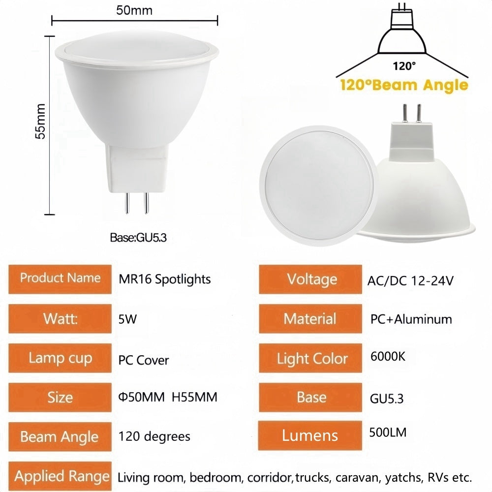16 x MR16 5W LED Spotlight AC/DC 12-24V 120 Degree 6000K Cold White Downlight