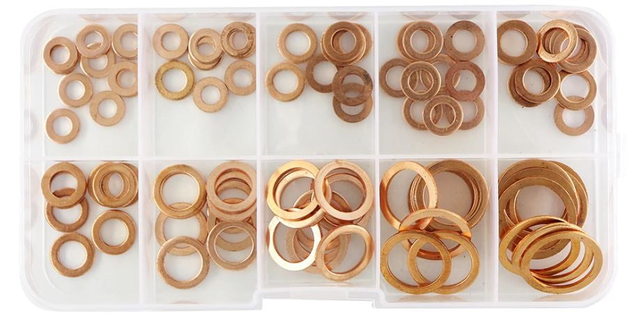 100 Copper Washer Gasket Nut And Bolt Set Flat Ring Seal Assortment Kit (100pcs)