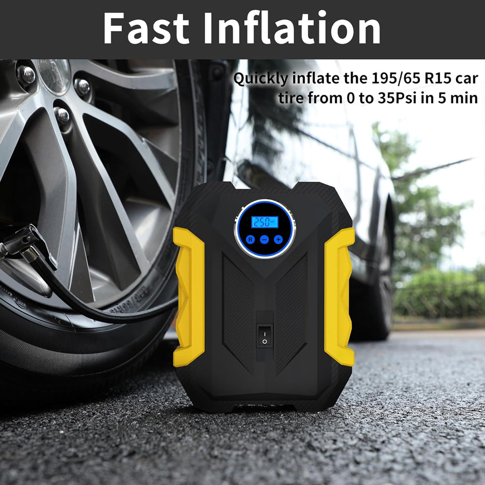 Yellow Car Air Compressor Pump Tire Inflator 12V 3M Cigarette Lighter Plug Cable