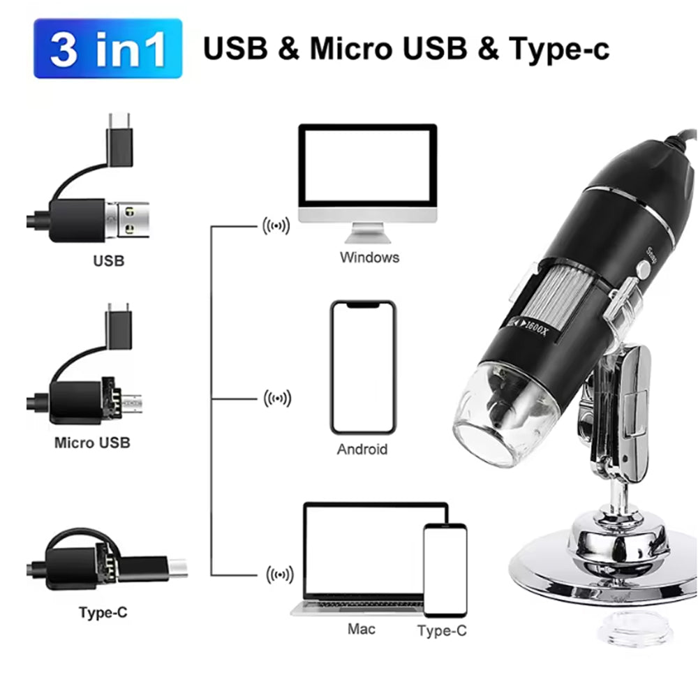 1600X Digital Microscope Pixel 1920*1080 LED Magnifier 3 in 1 Port for Soldering