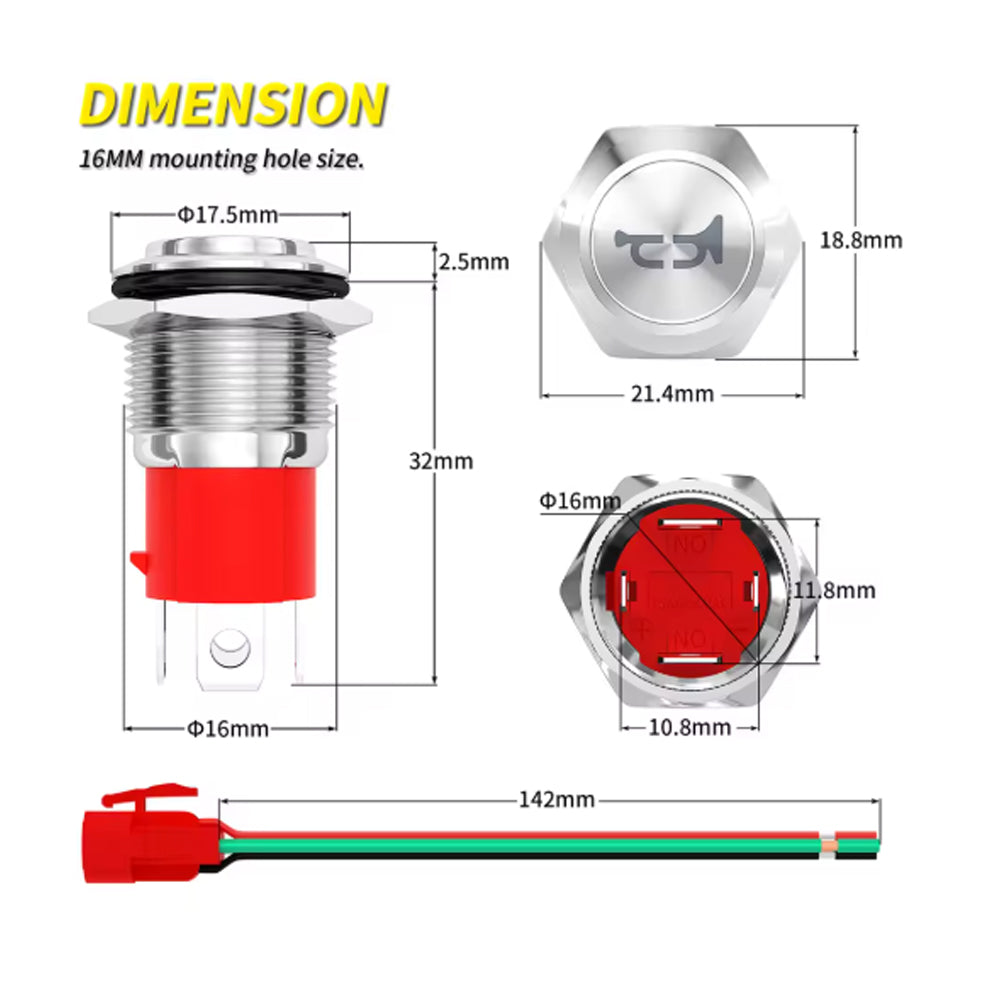 Horn Push Button 12V 20A Heavy Duty 16mm Metal Horn Push Button Switch Blue LED
