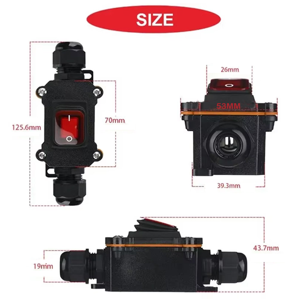 Inline Rocker Switch 12V-24V 20A DPST On/Off 2 Sides Waterproof Junction Box