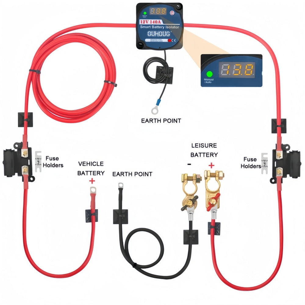 12V Dual Battery Kit LED Display Voltage Sense Relay Isolator Fuse Terminal 10M
