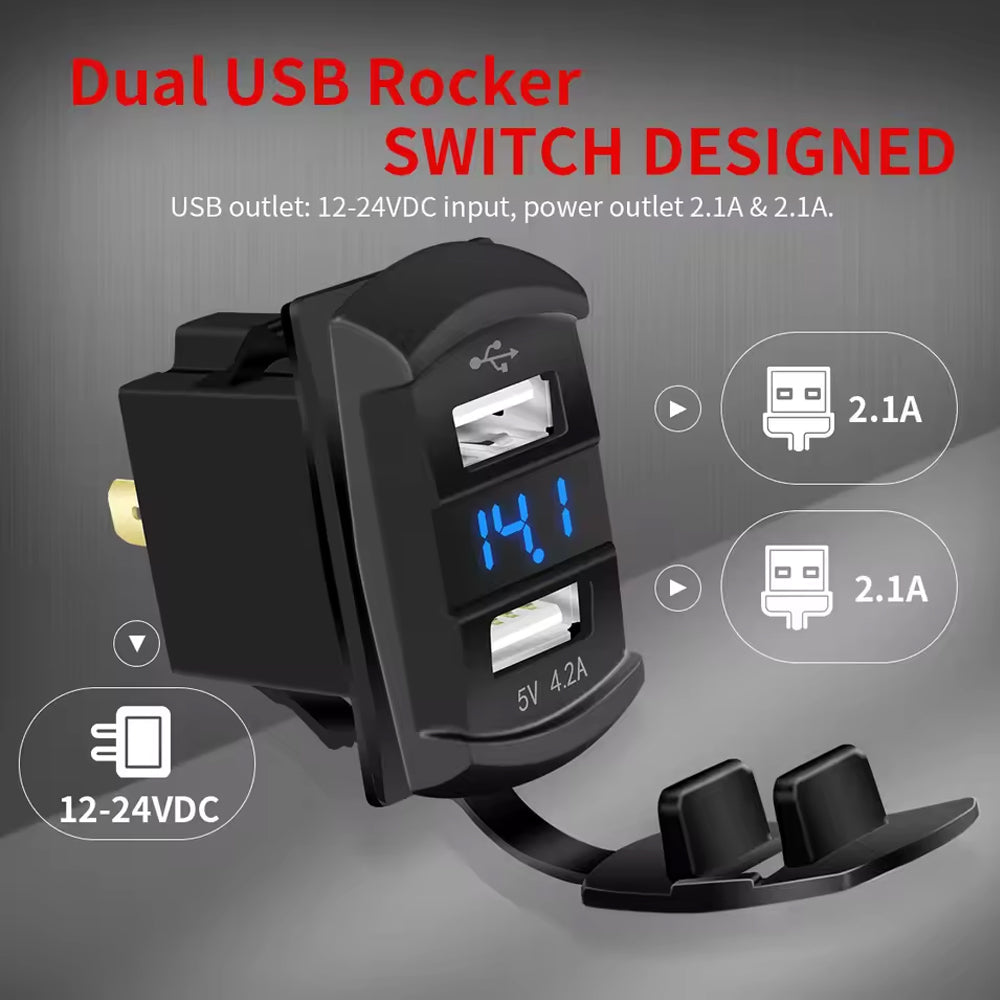 Dual USB Charger Port Red LED Voltmeter for Rocker Switch Panel on Boat RV Car