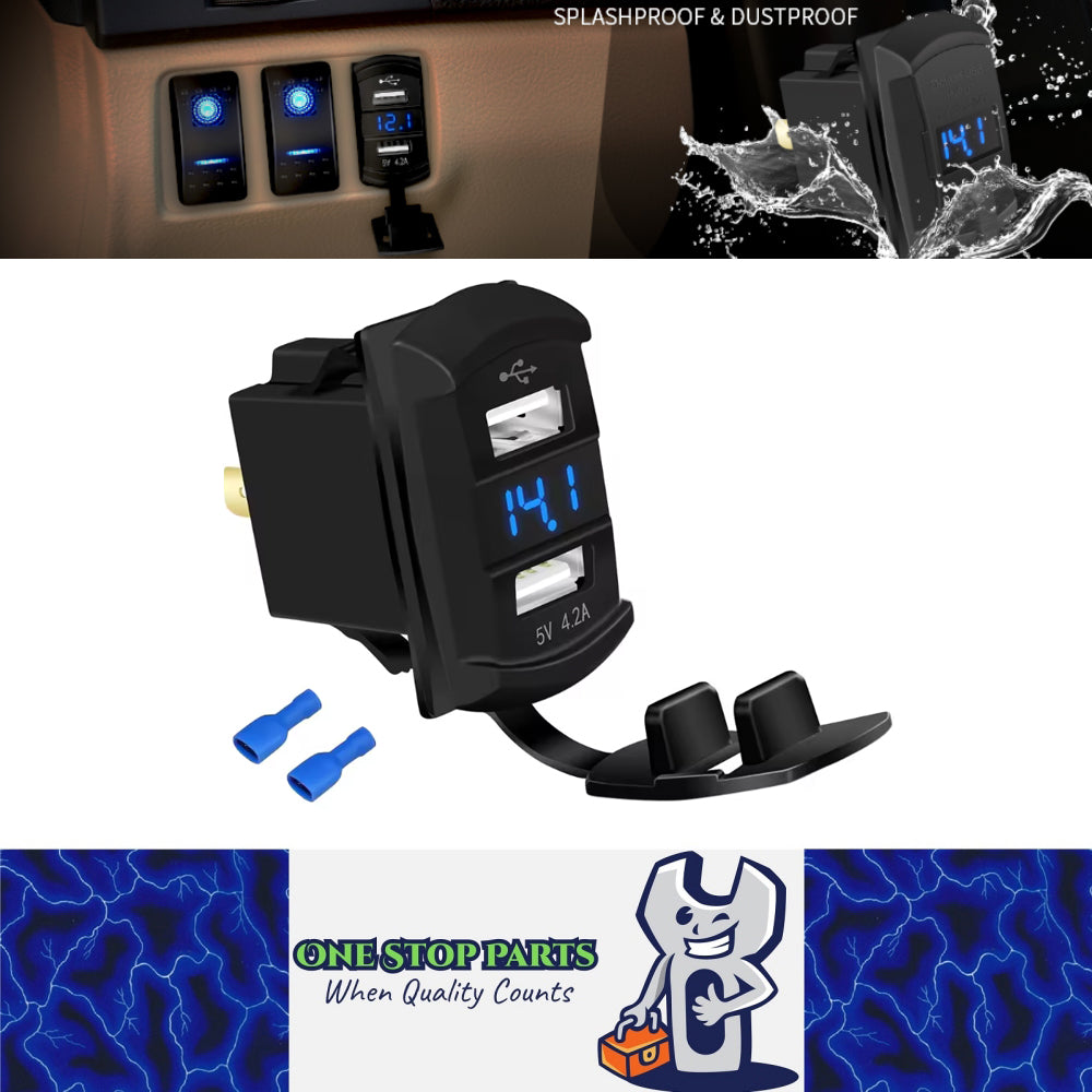 Dual USB Charger Port Blue LED Voltmeter for Rocker Switch Panel on Boat RV Car
