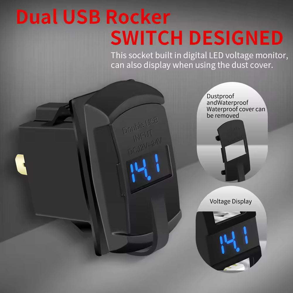 Dual USB Charger Port Red LED Voltmeter for Rocker Switch Panel on Boat RV Car