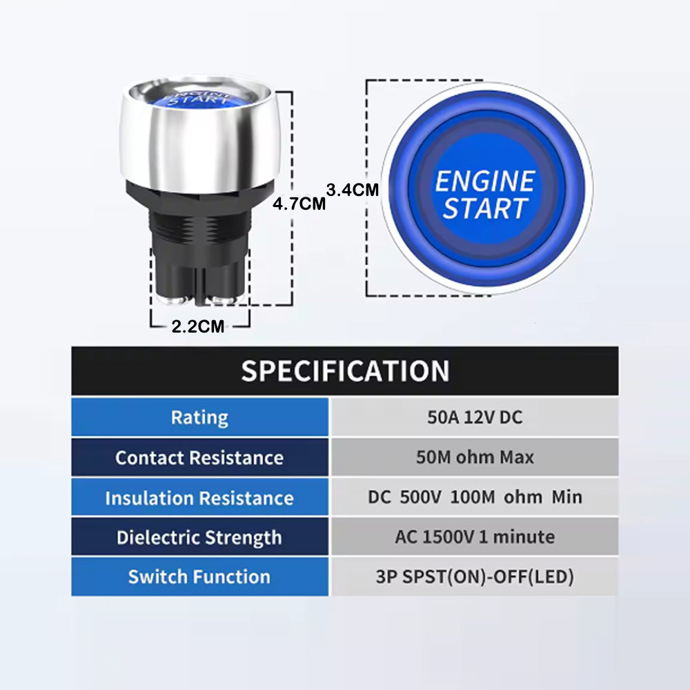 1 x Blue Car Engine Start Ignition Switch 12V 50A 3 Pin SPST Push Button Switch