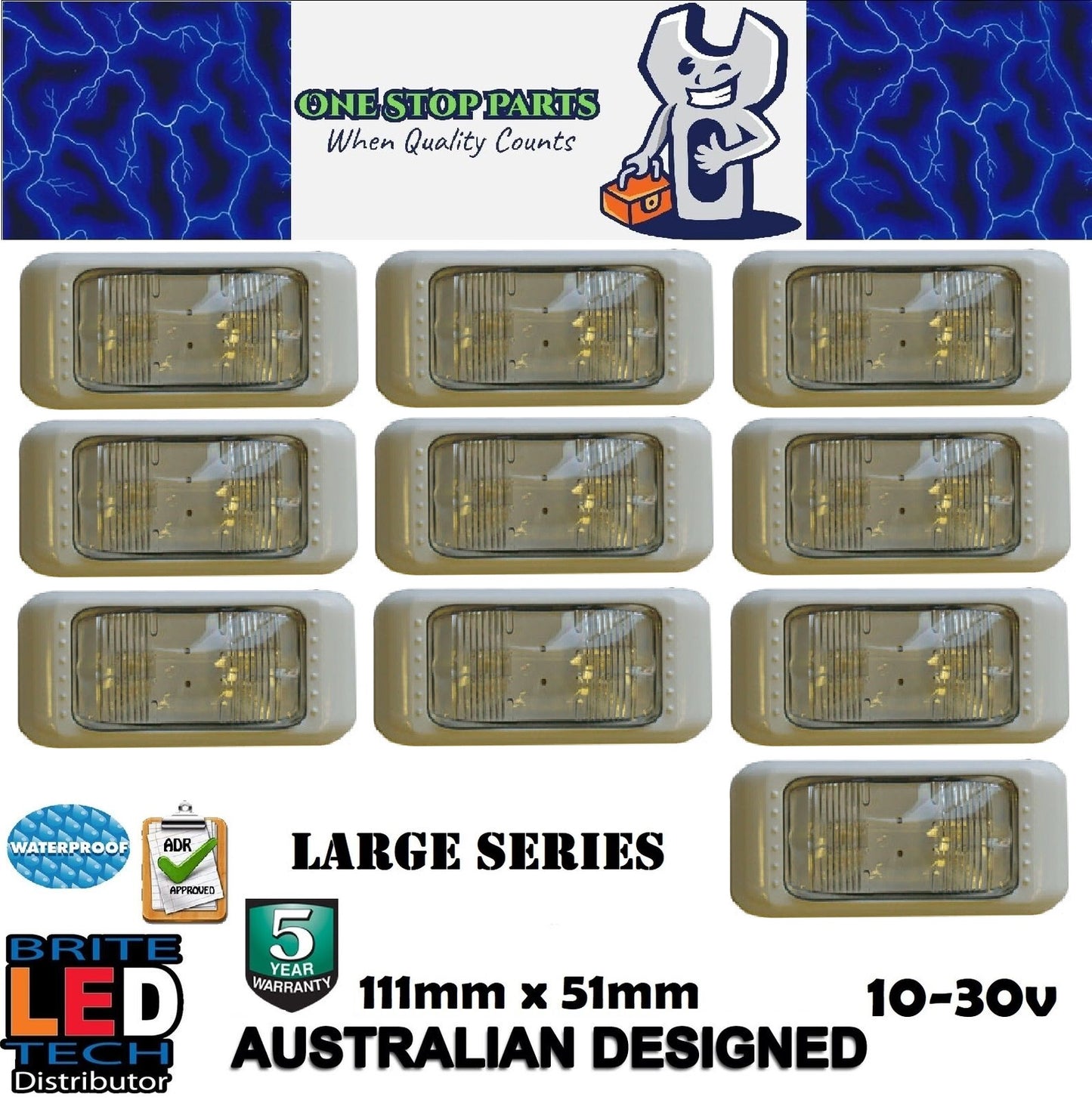 10 X LARGE WHITE LED MARKER LIGHTS LAMPS WITH WHITE SURROUNDS (10PCS)