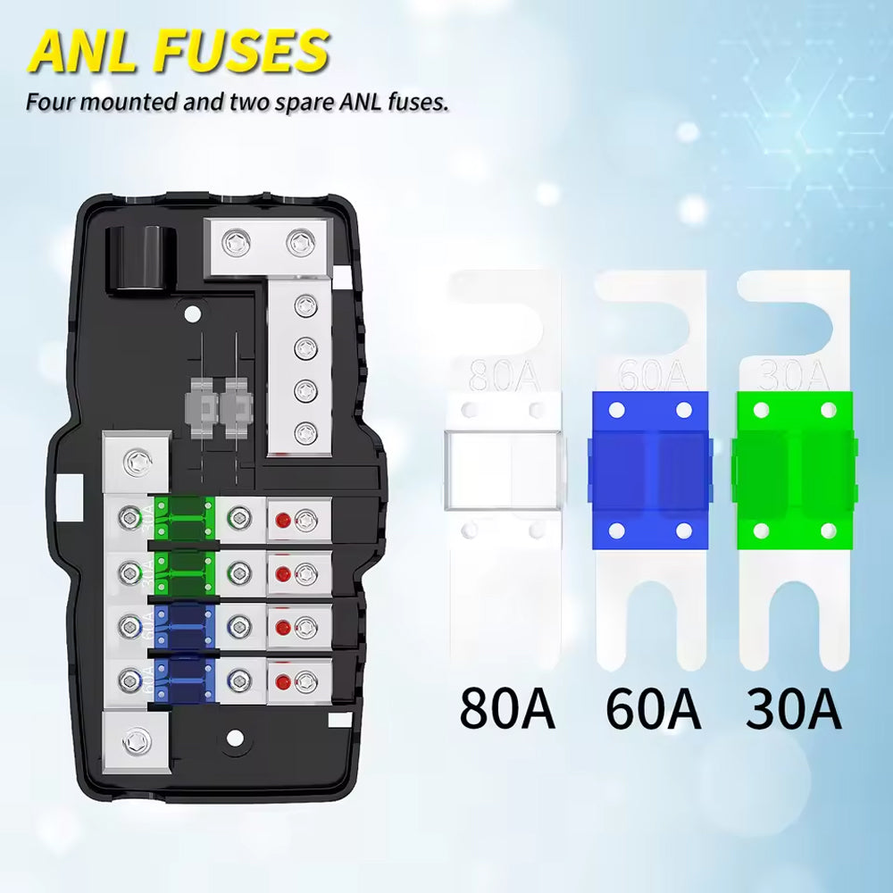 Fused Power Distribution Block Car Audio 4 Way Mini ANL Fuse 0-4 Gauge Ground