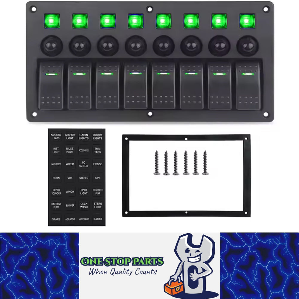 8 Gang Rocker Switch Panel Green LED Lights Pre-Wired with Circuit Breakers