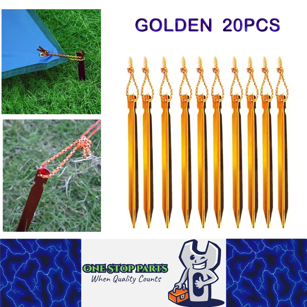 20 x Golden Tent Stakes 18CM Tri-Beam Tent Pegs with Rope Ground Nails Stakes