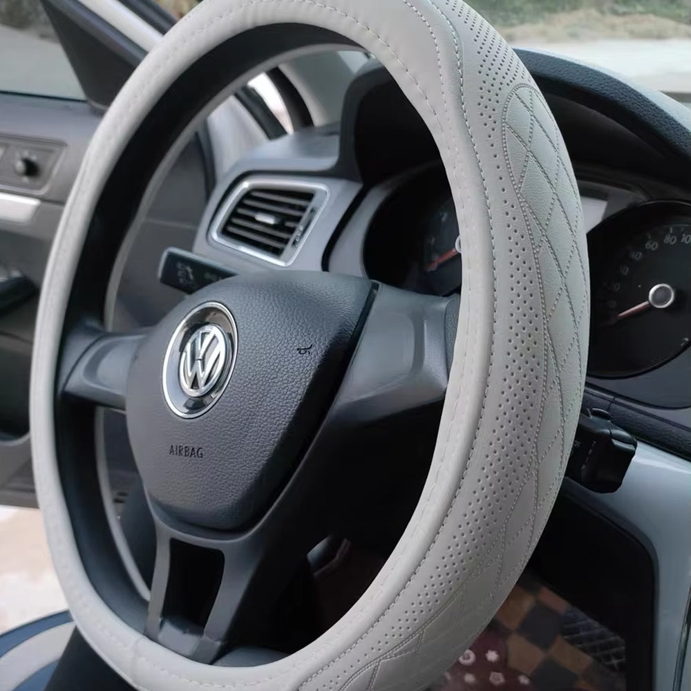 Napa Leather Car Steering Wheel Cover Universal 38cm Non-slip Breathable Grey
