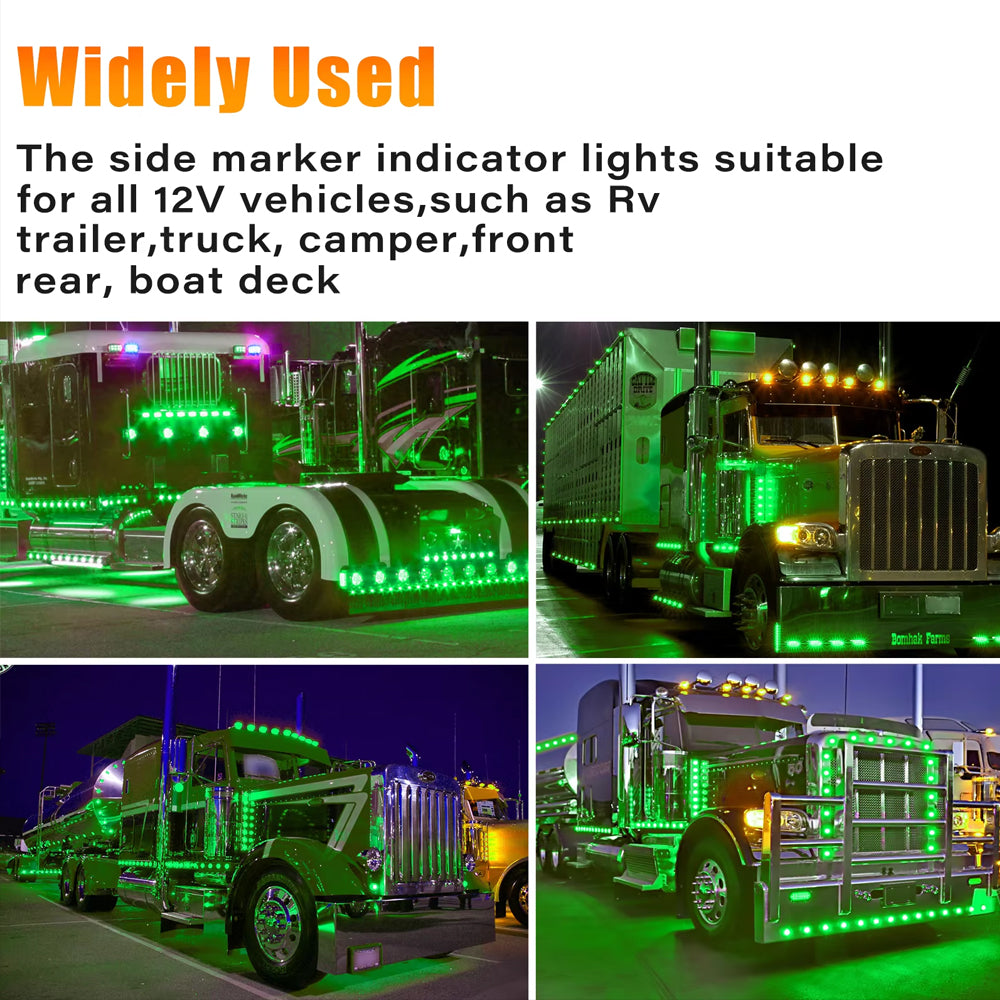 50 x Green Round LED Side Marker Lamps 1.91CM 3LED 12V LED Marker Signal Lights