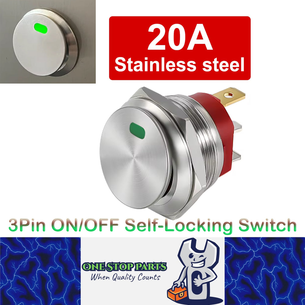 Green LED 22mm Metal Push Button Switch 12V 20A 3Pin ON/OFF Self-Locking Switch