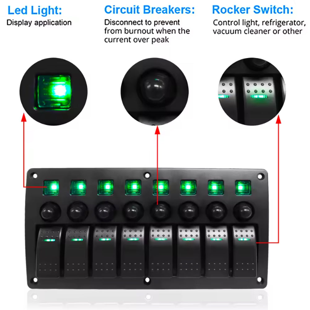 8 Gang Rocker Switch Panel Green LED Lights Pre-Wired with Circuit Breakers