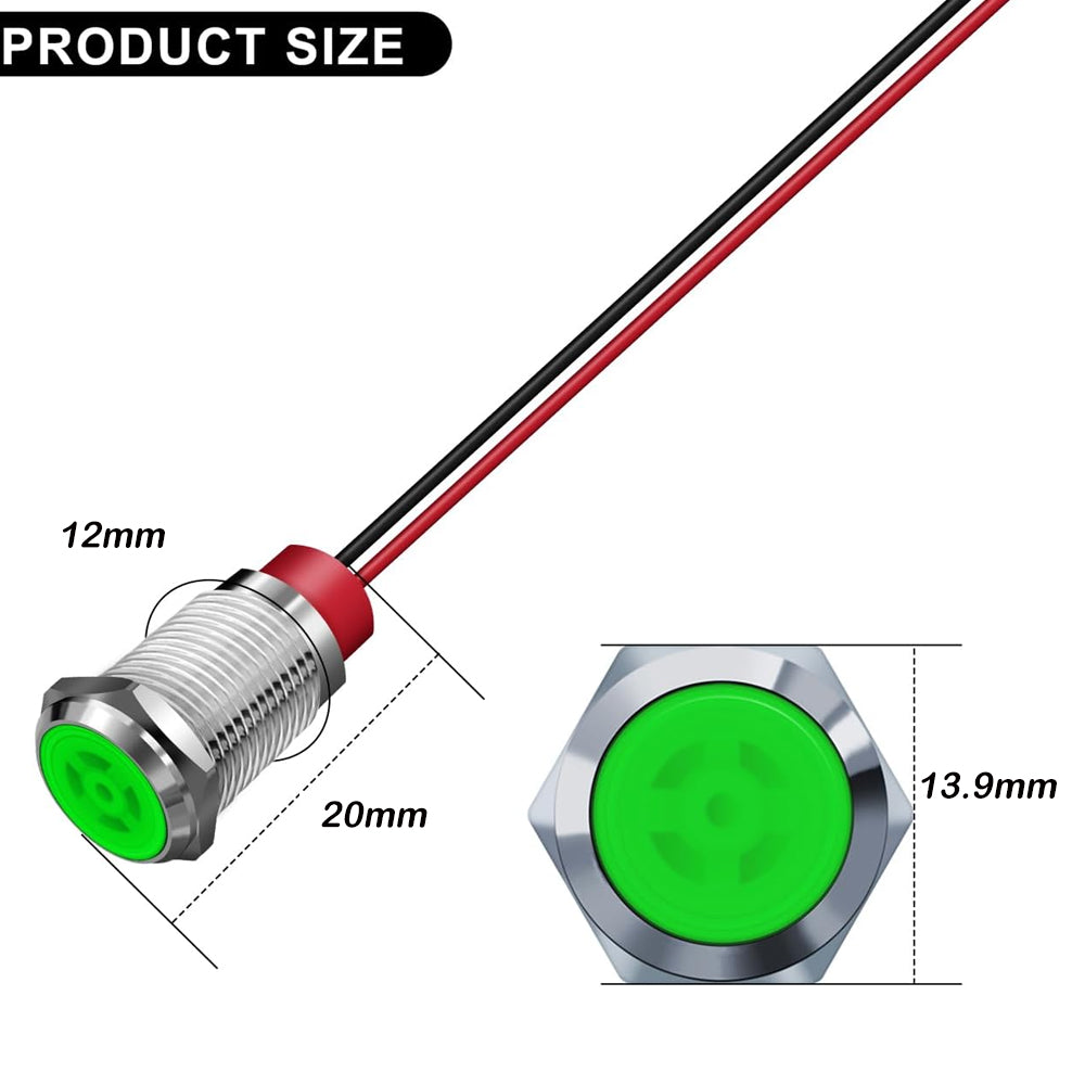 10x Green LED Indicator Light 12mm Metal 12V-24V Pilot Signal Lamp IP67 Car Boat