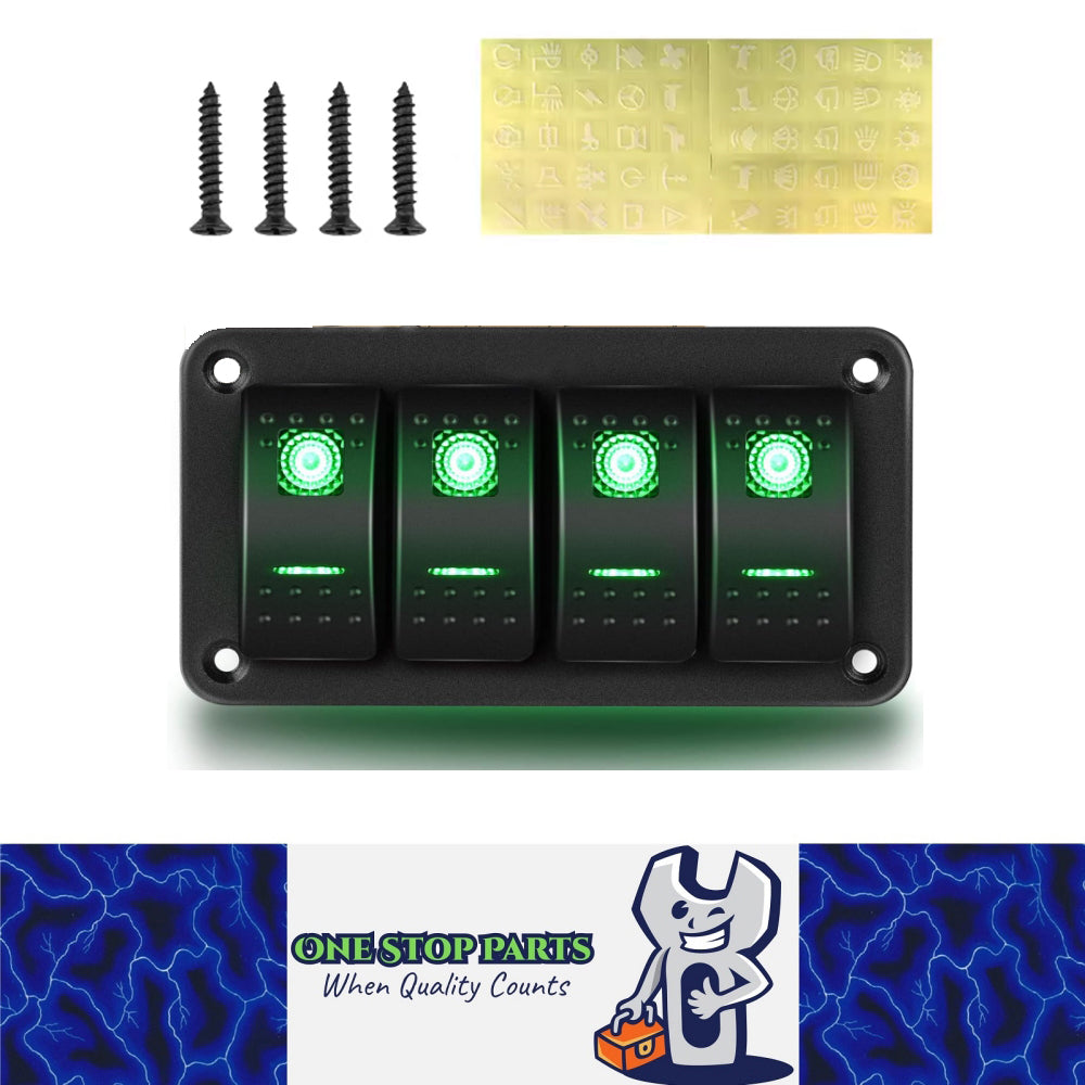 Pre Wired 4 Gang Switch Panel Green LED Rocker Switch Panel 12-24V Car Marine