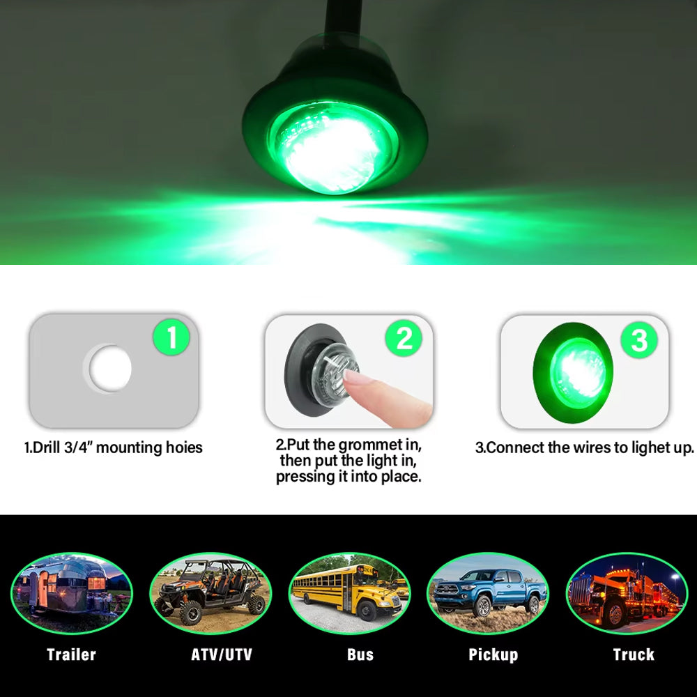 50 x Green Round LED Side Marker Lamps 1.91CM 3LED 12V LED Marker Signal Lights