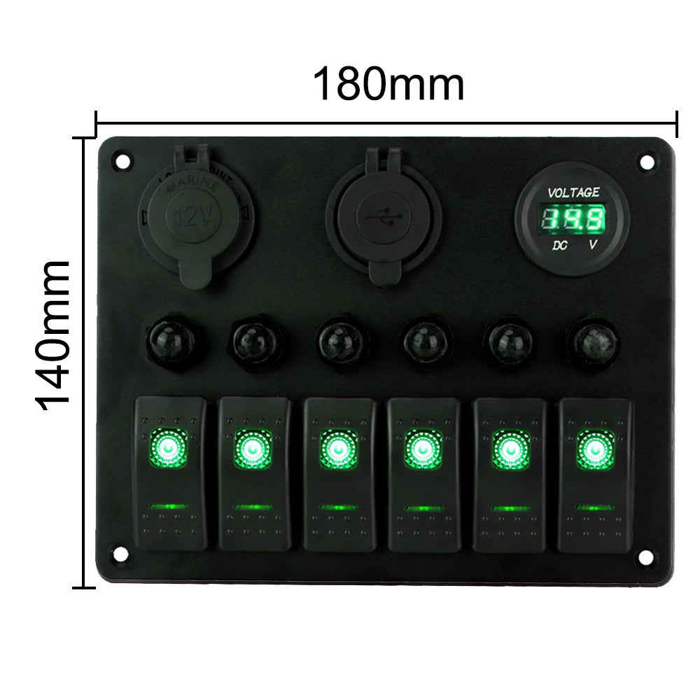 Green 6 Gang Switch Panel USB Charger Circuit Breakers Voltmeter Power Socket