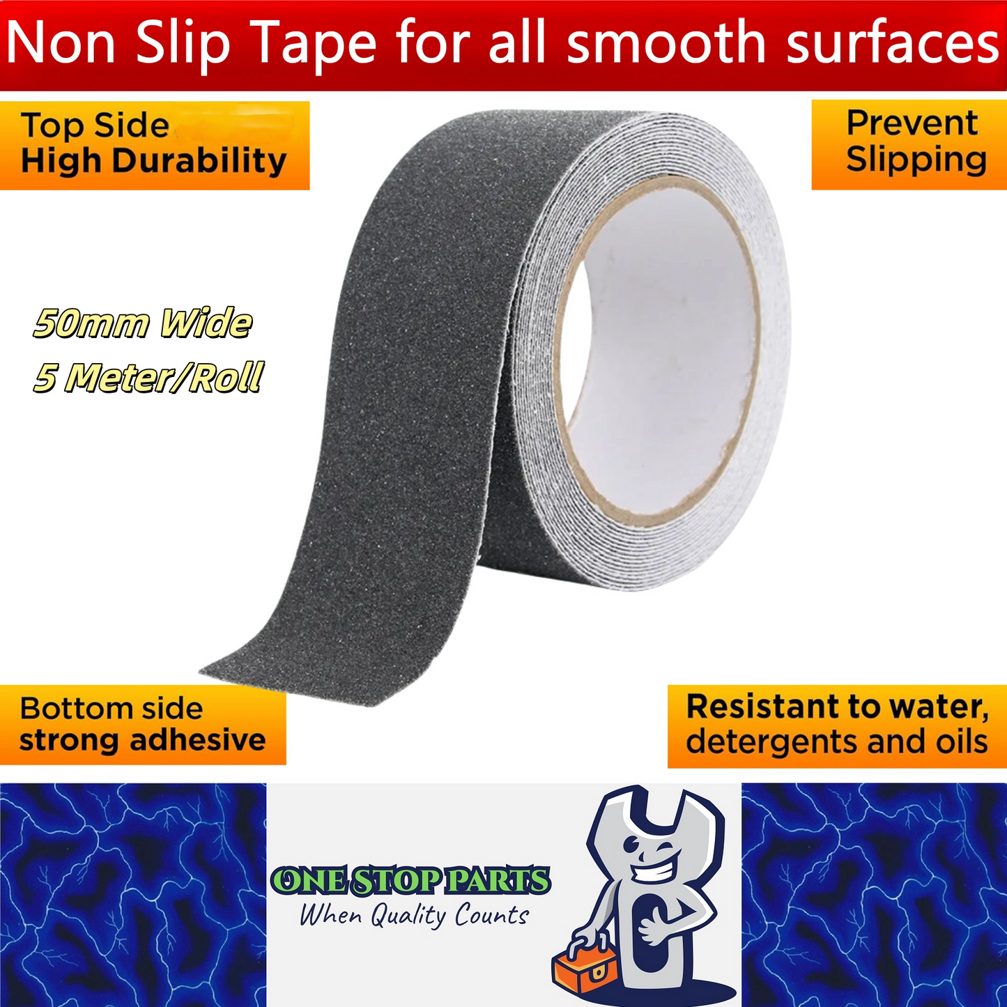 Non Slip Tape 50mm Wide x 5 Meter Roll Grey Safety Anti Slip Non Skid Tape