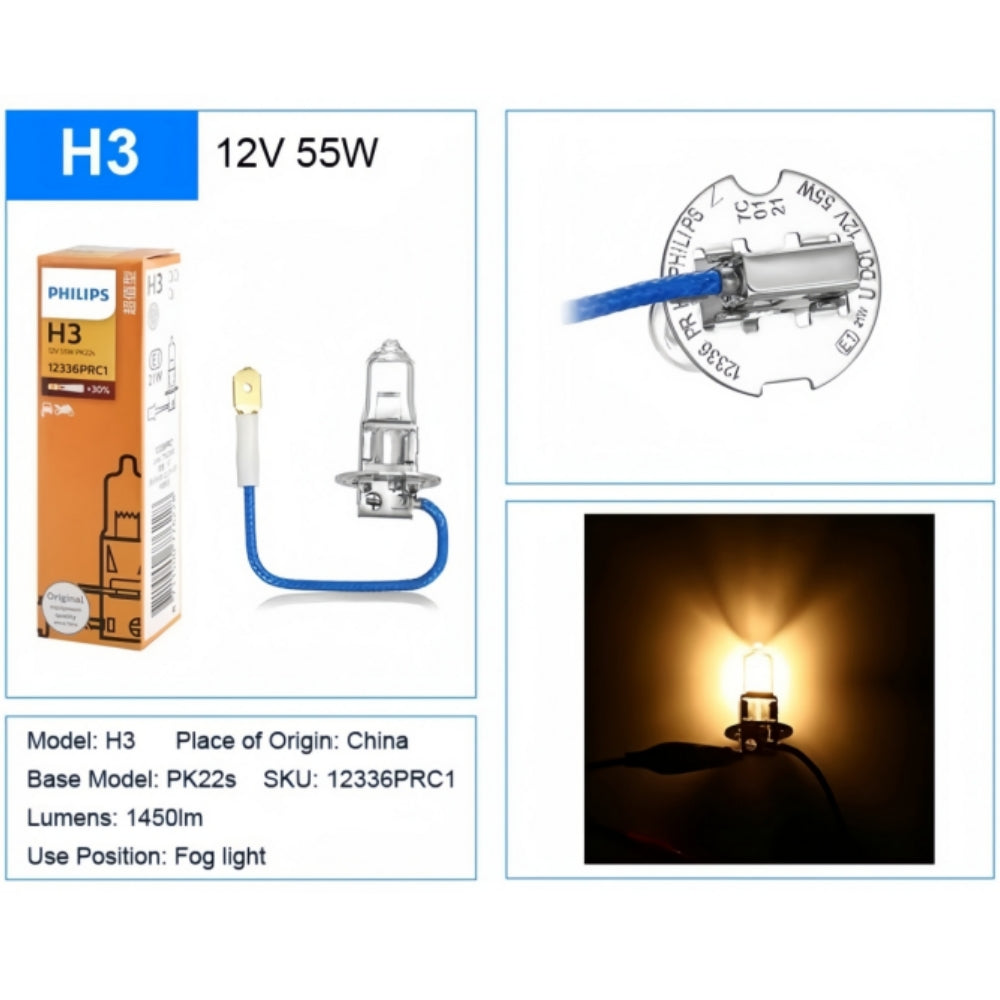 2 x PHILIPS H3 12V 55W Super Bright Halogen Clear Globes 3200k Original (2pcs)