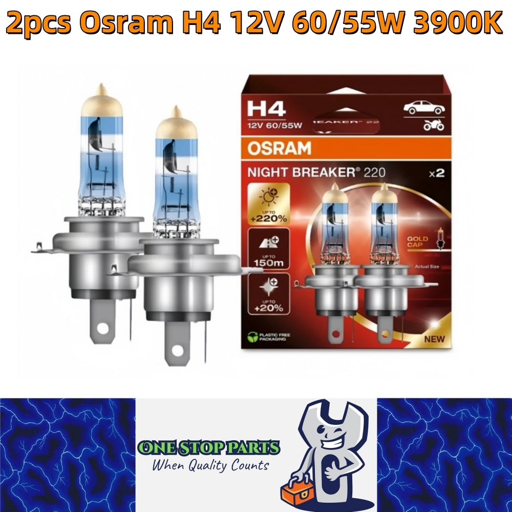 2 x Osram H4 12V 60/55W Night Breaker 220 Halogen +220% Bright 150m Dist 3900K