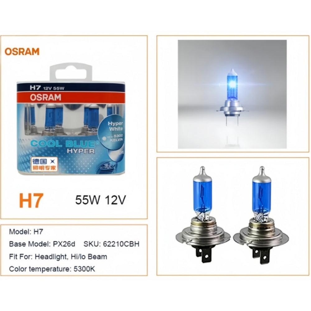 2 x Osram 12V H7 55W Halogen Cool Blue Hyper White Globes 5300K Original 62210