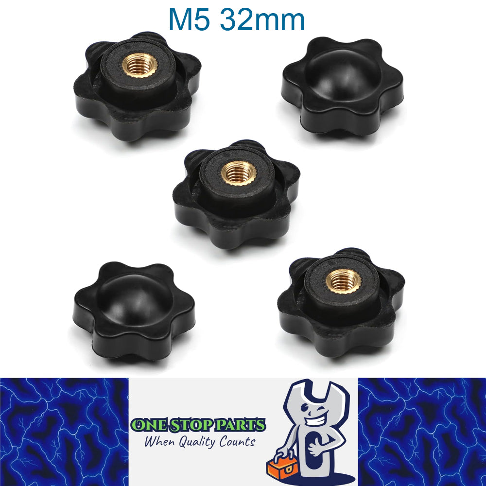 5 x M5 32mm Hand Tighten Nut 6 Petal with Stopper for Easy Release Applications