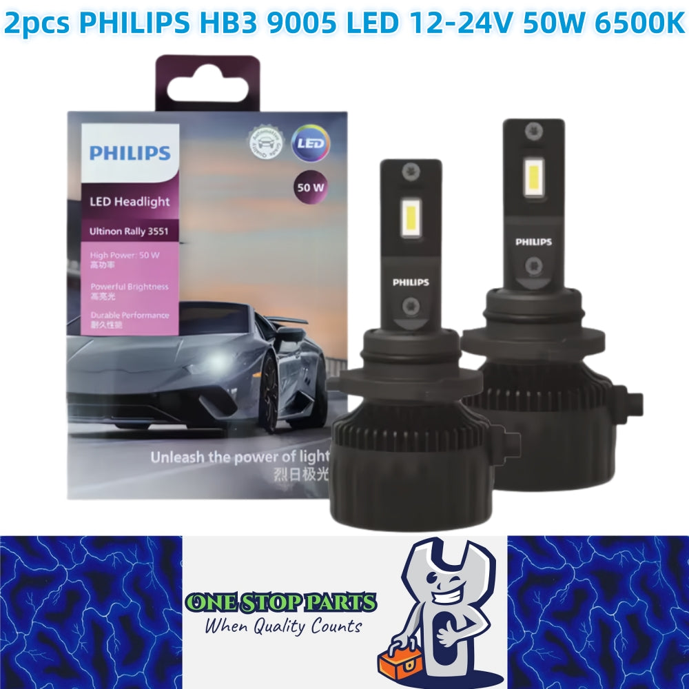2 x Philips HB3 9005 LED Globes 12V-24V 6500K 50W 4500Lm Philips Headlight Bulbs