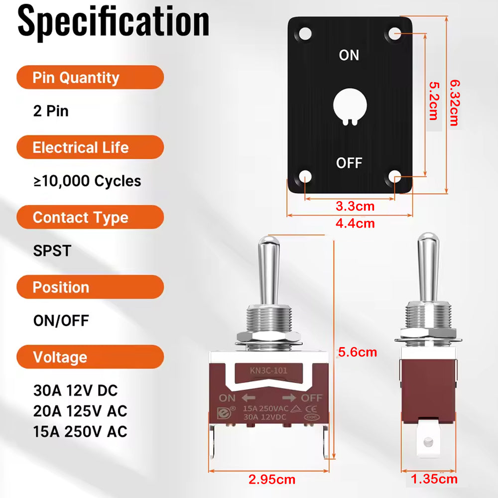 Heavy Duty Toggle Switch 12V 30A 2 Pin SPST On/Off with Mounting Panel