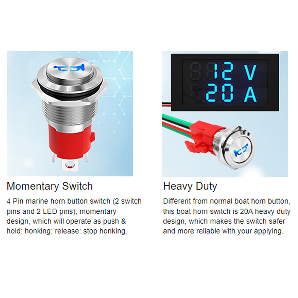 Horn Push Button 12V 20A Heavy Duty 16mm Metal Horn Push Button Switch Blue LED