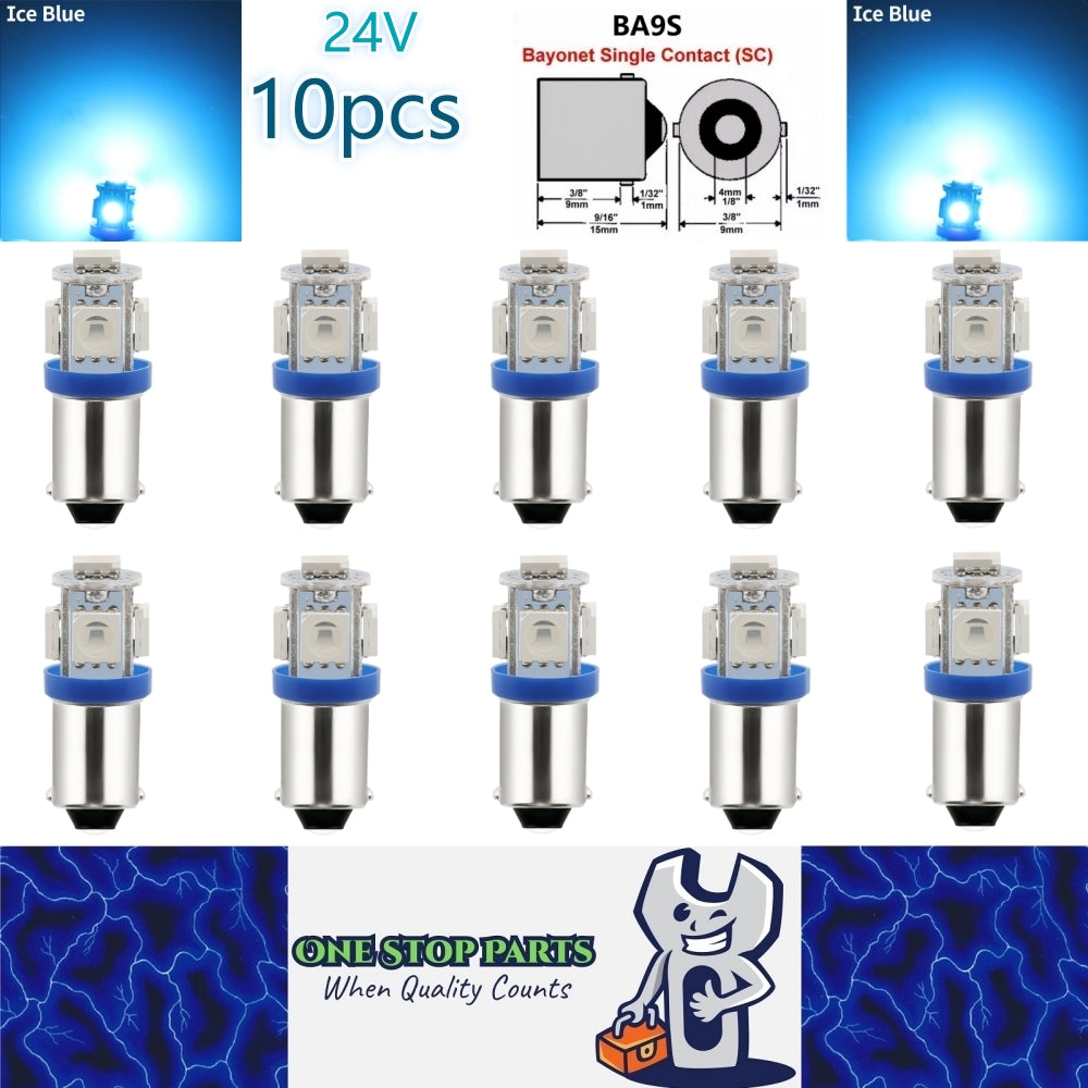 10 x BA9S ICE BLUE 24V 5SMD 360 DEGREE LIGHT 88LM IDEAL FOR PARKER OR DASH 10pcs