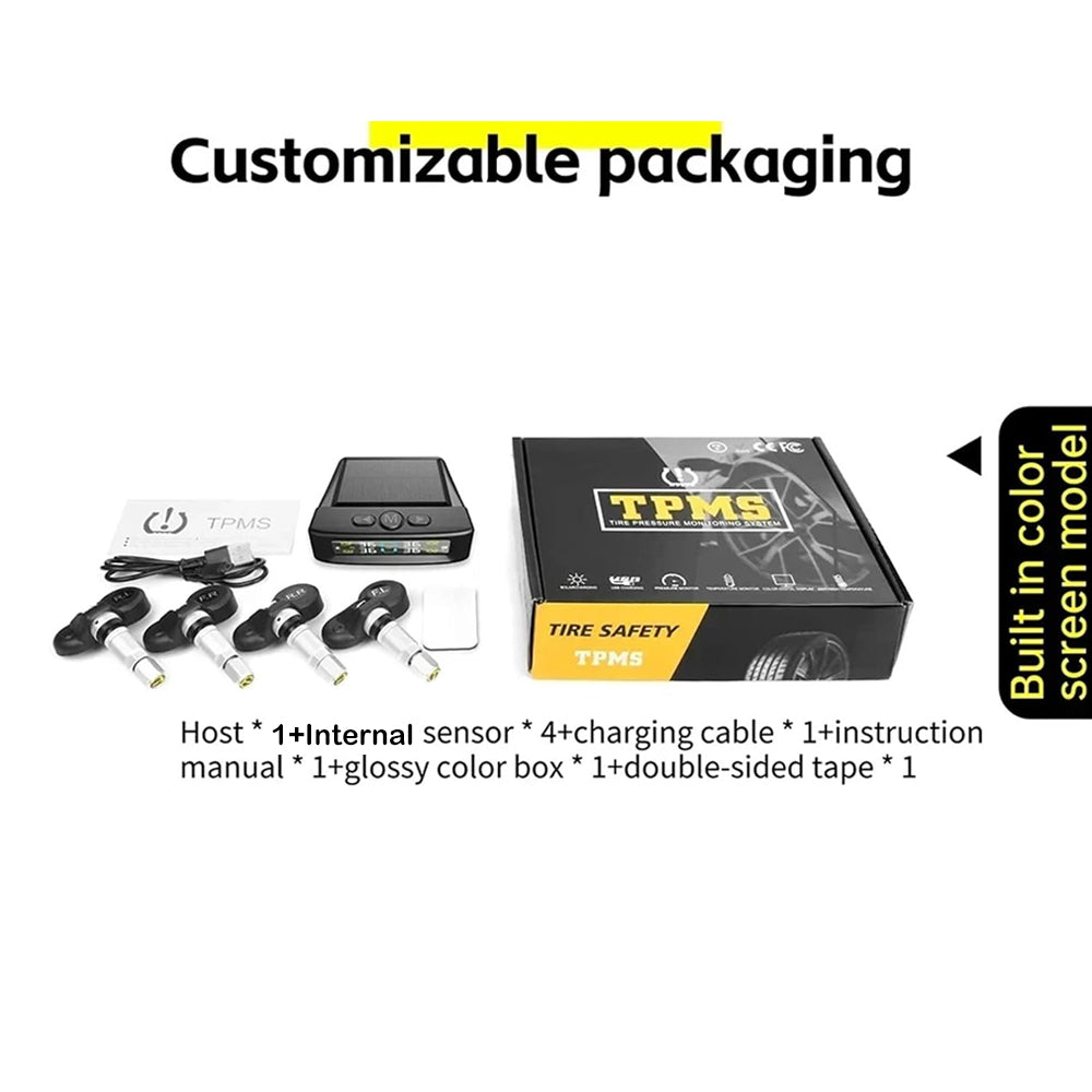 Tyre Pressure Monitor System TPMS Solar USB Car Tire Alarm 4 Internal Sensors