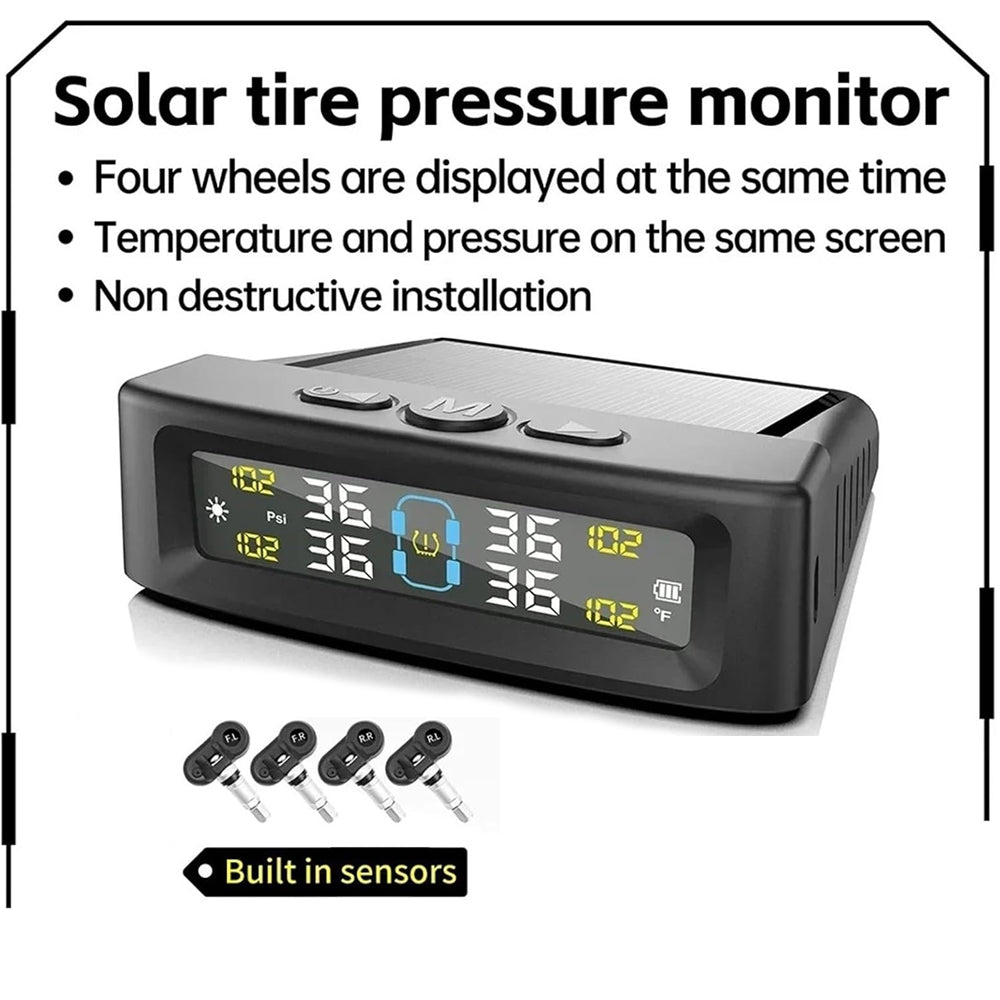 Tyre Pressure Monitor System TPMS Solar USB Car Tire Alarm 4 Internal Sensors