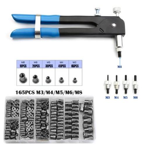 165 Piece Kit Nut Rivet Gun and Silver Alloy Rivets M3 M4 M5 M6 M8 (165pcs)