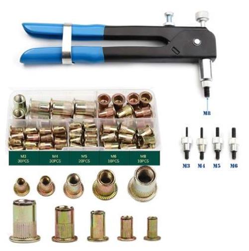 100 Piece Kit Nut Rivet Gun and Tan Alloy Rivets M3 M4 M5 M6 M8 (100pcs)
