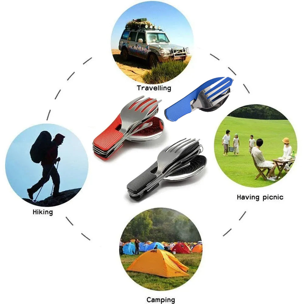 Red Foldable Multi-Functional Knife Fork Spoon Combo for Camping and Travel