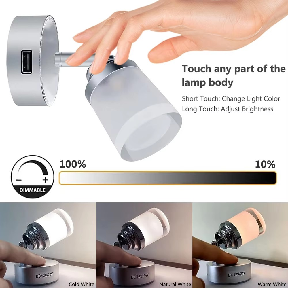 12v-24v Bedside Reading Light USB 3 Mode Touch Switch Cool, Warm,Natural White