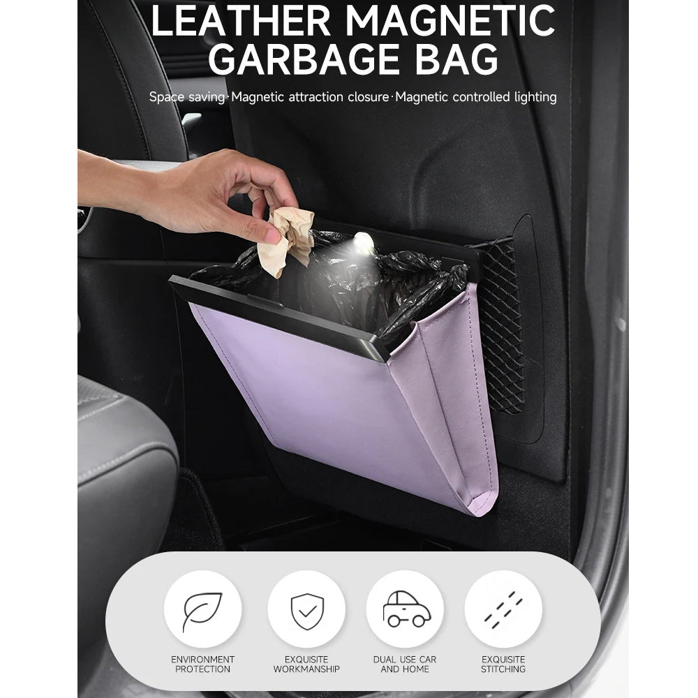 LED Magnetic Car Trash Bag Waterproof PU Leather Seat Hanging Car Garbage Can
