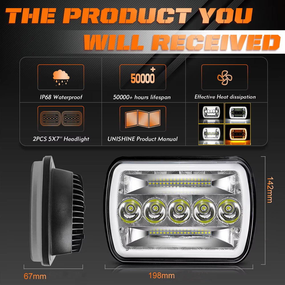1 x Led Headlight 142x198mm 4 Modes High/Low Beam DRL Indicator 12-24V headlamp