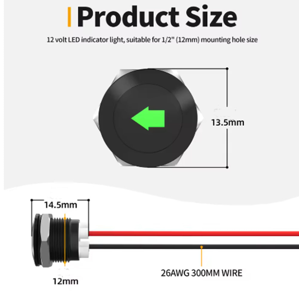 12V LED Indicator Pilot Dash Light Single Arrow 12mm Green LED Indicator Light