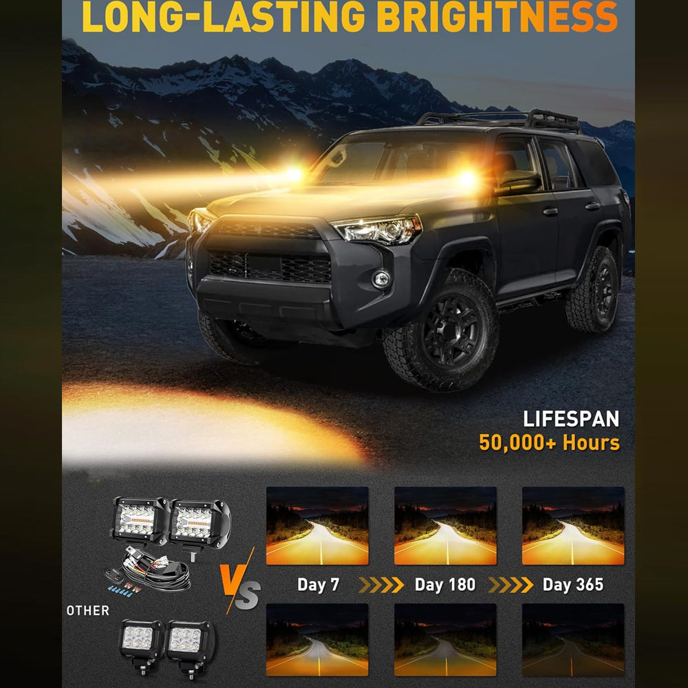 2 x White/Yellow LED Light Bar 30W 102x80mm Flood Spot Work Light with Harness