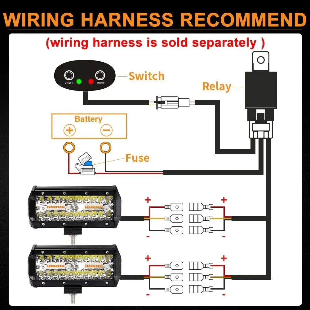 2 x White/Amber LED Light Bar 6 Modes 120W 178x80mm LED Work Light with Harness