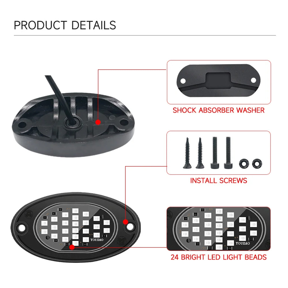 4pcs Red LED Rock Lights LED Chassis Lights for Car Pickup Truck SUV UTV ATV